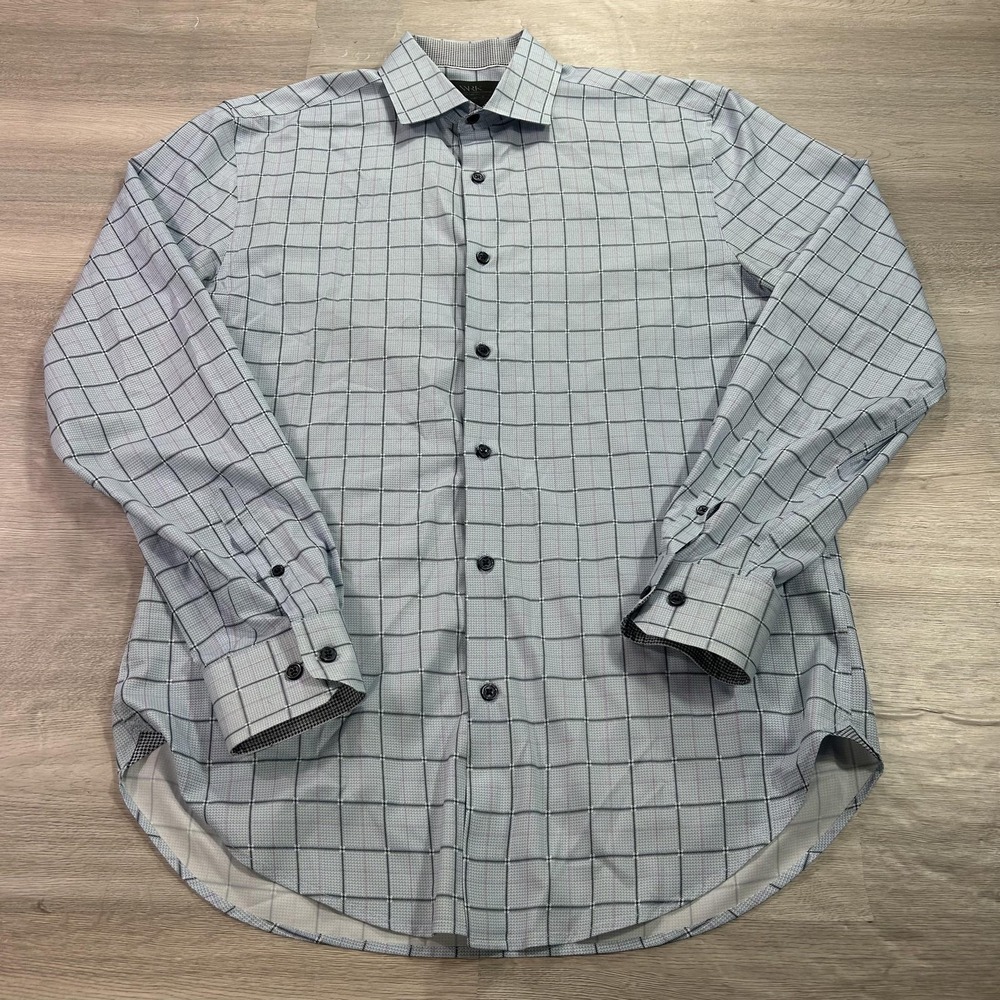 WRK Shirt Mens 15.5 Blue Check 4-Way Stretch Dress Button Front Long Sleeve